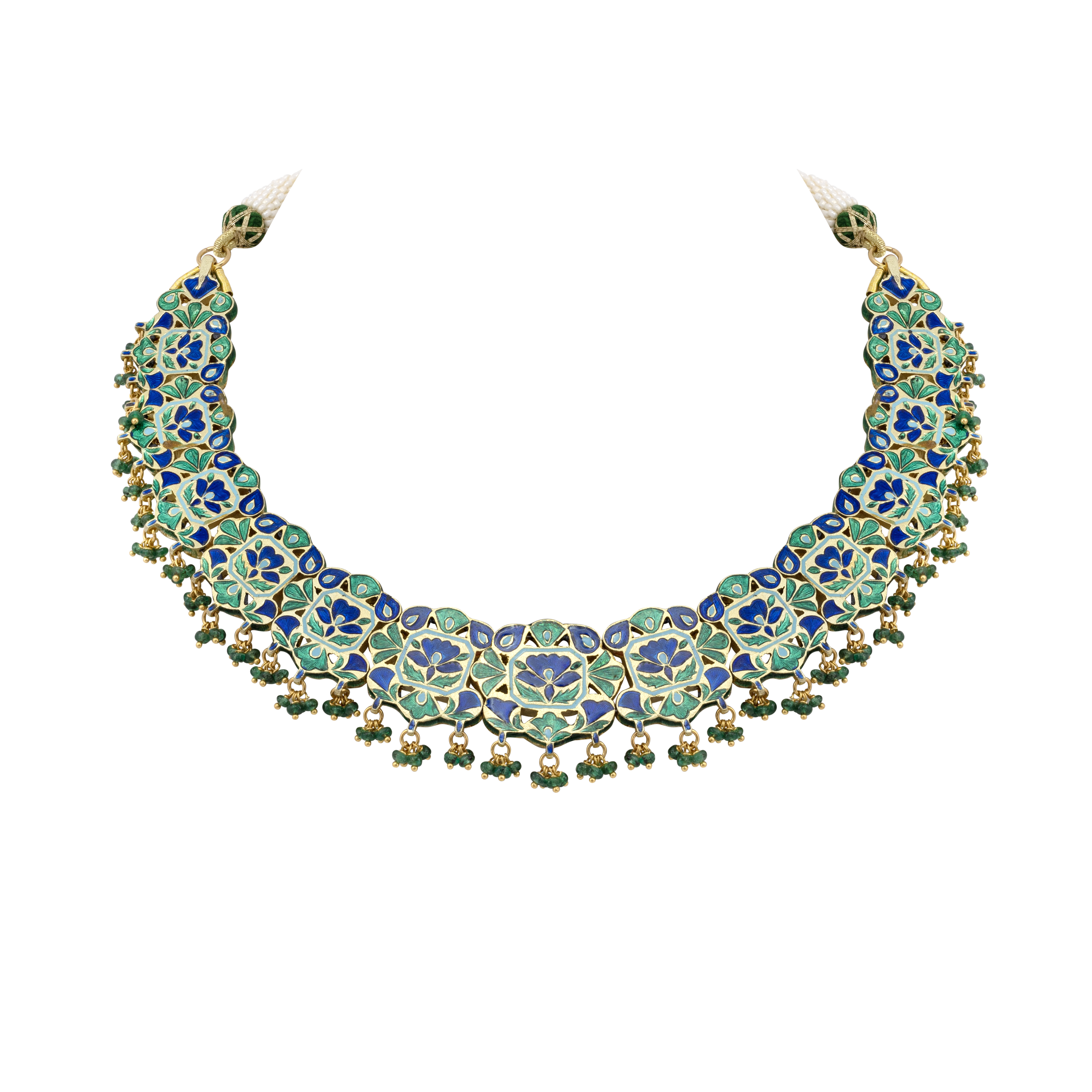 Green Enamel Polki Necklace with Emerald Beads